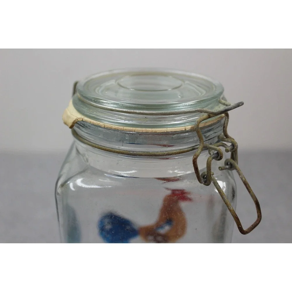 Vintage Hand Painted Rooster Canisters‎ Clear Glass Wire Bale Lid 3pc Set